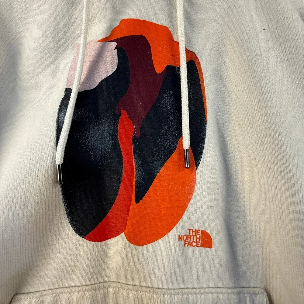 The North Face Mens Graphic Hoodie Cream Off-White Abstract Print Sweatshirt S